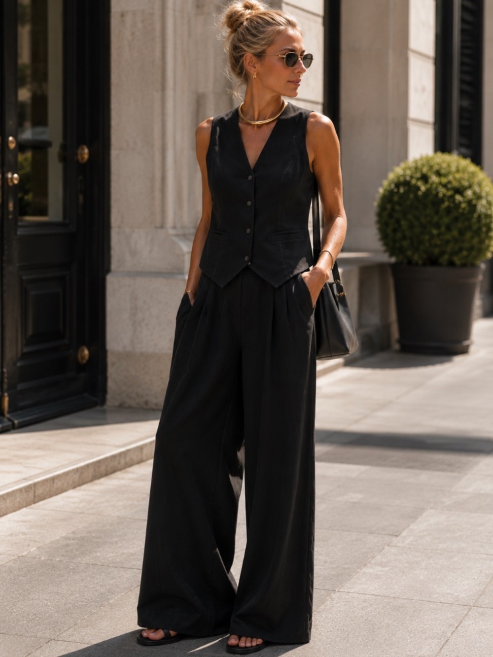 Black Cotton Vest & Wide Leg Pant Set